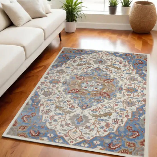 Ivory Blue and Gray Floral Non Skid Area Rug Photo 1