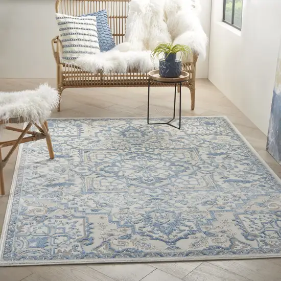 Ivory Blue and Gray Floral Non Skid Area Rug Photo 9