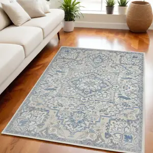 Photo of Ivory Blue and Gray Floral Non Skid Area Rug