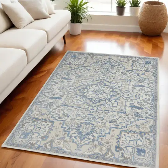 Ivory Blue and Gray Floral Non Skid Area Rug Photo 1