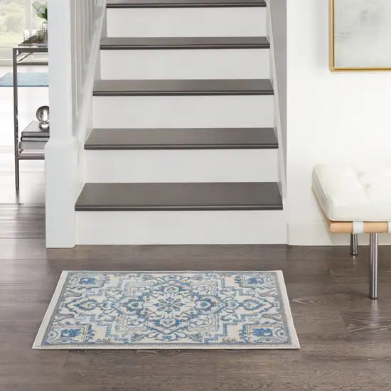 Ivory Blue and Gray Floral Non Skid Area Rug Photo 8