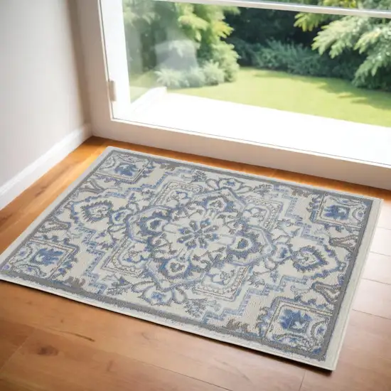 Ivory Blue and Gray Floral Non Skid Area Rug Photo 1