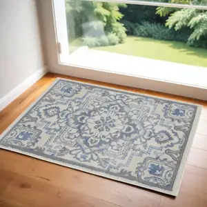 Photo of Ivory Blue and Gray Floral Non Skid Area Rug