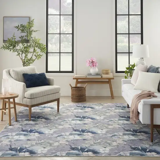 Ivory Blue and Gray Floral Power Loom Washable Non Skid Area Rug Photo 8