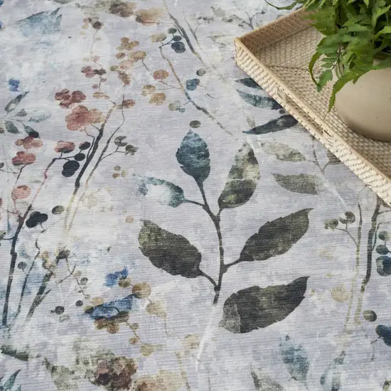 Ivory Blue and Gray Floral Power Loom Washable Non Skid Area Rug Photo 6