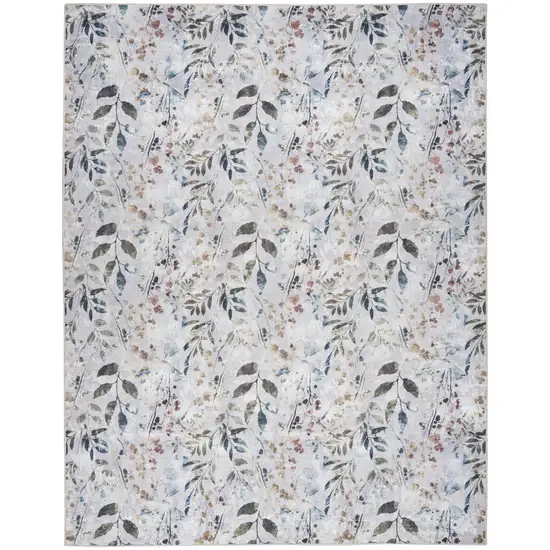 Ivory Blue and Gray Floral Power Loom Washable Non Skid Area Rug Photo 1