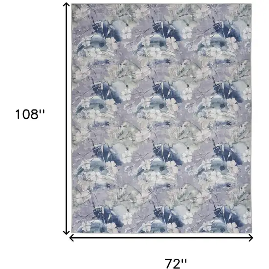 Ivory Blue and Gray Floral Power Loom Washable Non Skid Area Rug Photo 9