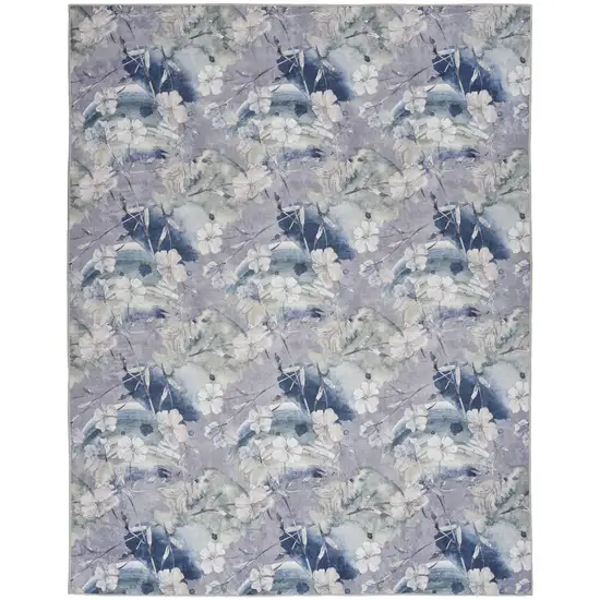 Ivory Blue and Gray Floral Power Loom Washable Non Skid Area Rug Photo 4