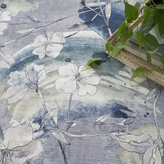 Ivory Blue and Gray Floral Power Loom Washable Non Skid Area Rug Photo 3