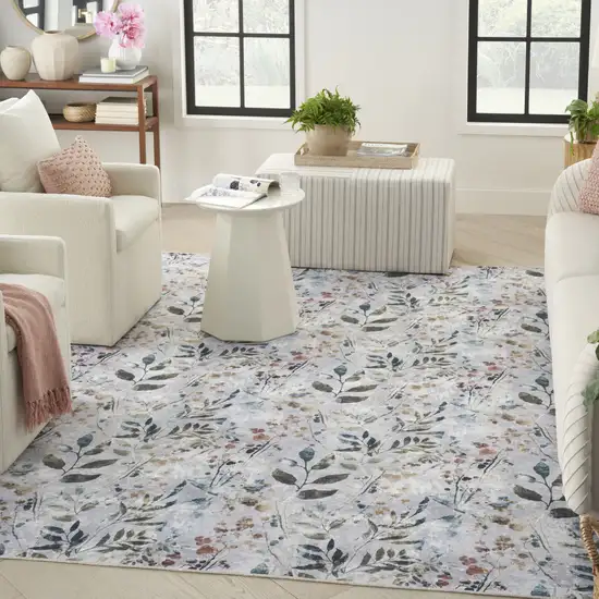 Ivory Blue and Gray Floral Power Loom Washable Non Skid Area Rug Photo 8