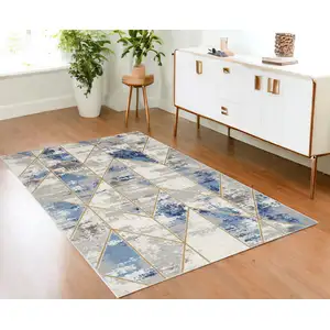 Photo of Ivory Blue and Gray Geometric Non Skid Area Rug