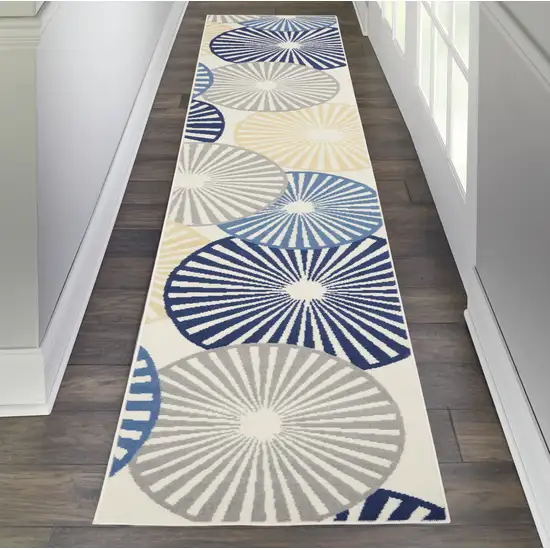 Ivory Blue and Gray Geometric Power Loom Runner Rug Photo 9