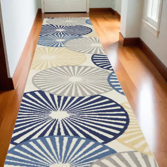 Ivory Blue and Gray Geometric Power Loom Runner Rug Photo 1