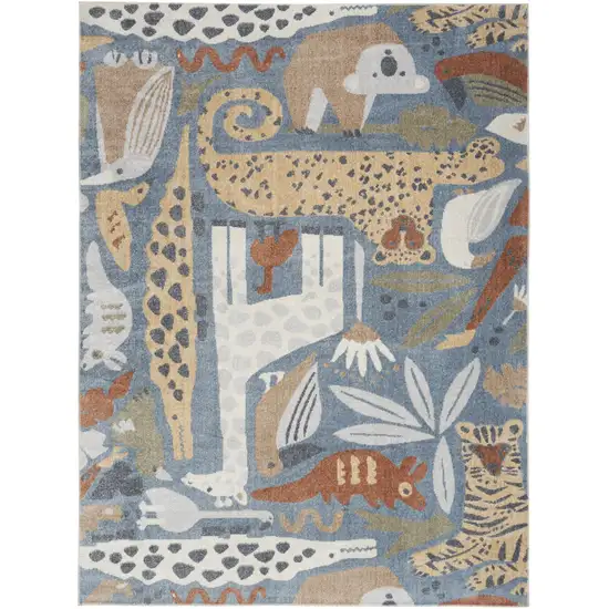 Ivory Blue and Gray Kids Jungle Animal Print Washable Area Rug Photo 1