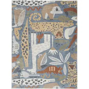 Photo of Ivory Blue and Gray Kids Jungle Animal Print Washable Area Rug