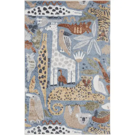 Ivory Blue and Gray Kids Safar Animal Print Washable Area Rug Photo 1