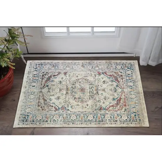 Ivory Blue and Gray Oriental Distressed Area Rug With Fringe Photo 1