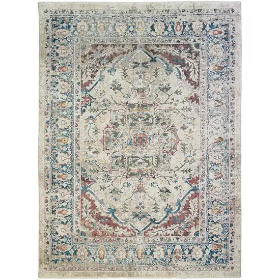 Ivory Blue and Gray Oriental Distressed Area Rug With Fringe Photo 2