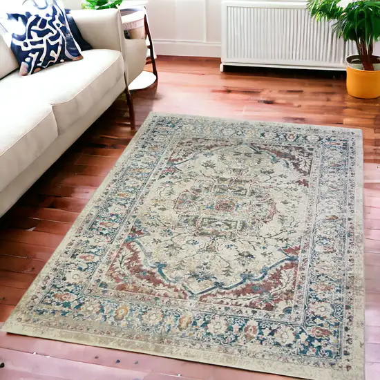 Ivory Blue and Gray Oriental Distressed Area Rug With Fringe Photo 1