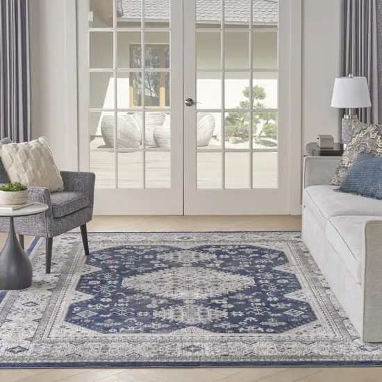 Ivory Blue and Gray Oriental Power Loom Area Rug Photo 8