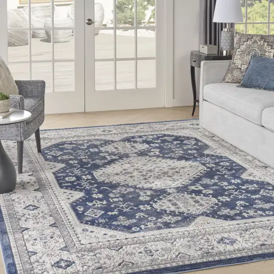 Ivory Blue and Gray Oriental Power Loom Area Rug Photo 6