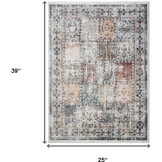 Ivory Blue and Gray Patchwork Distressed Area Rug With Fringe Photo 5