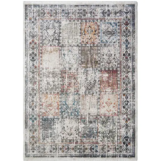 Ivory Blue and Gray Patchwork Distressed Area Rug With Fringe Photo 2