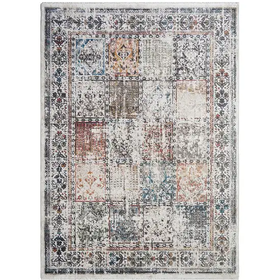 Ivory Blue and Gray Patchwork Distressed Area Rug With Fringe Photo 4