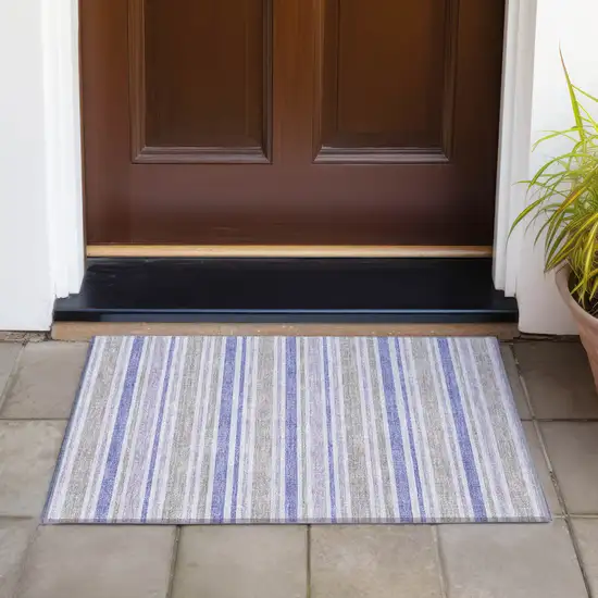 Ivory Blue and Gray Striped Washable Non Skid Indoor Outdoor Area Rug Photo 8