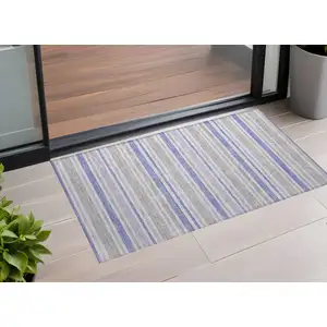 Photo of Ivory Blue and Gray Striped Washable Non Skid Indoor Outdoor Area Rug