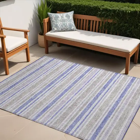 Ivory Blue and Gray Striped Washable Non Skid Indoor Outdoor Area Rug Photo 1