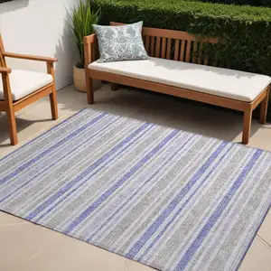 Photo of Ivory Blue and Gray Striped Washable Non Skid Indoor Outdoor Area Rug