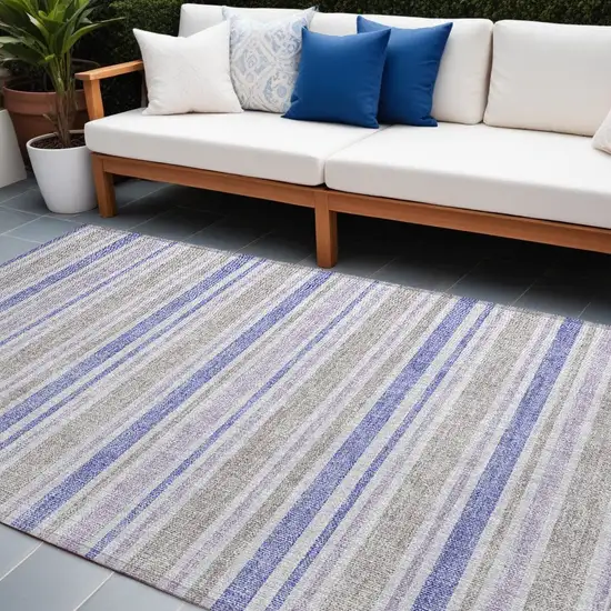 Ivory Blue and Gray Striped Washable Non Skid Indoor Outdoor Area Rug Photo 1