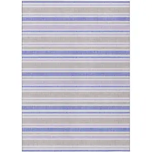 Photo of Ivory Blue and Gray Striped Washable Non Skid Indoor Outdoor Area Rug