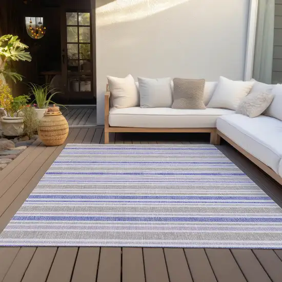 Ivory Blue and Gray Striped Washable Non Skid Indoor Outdoor Area Rug Photo 9