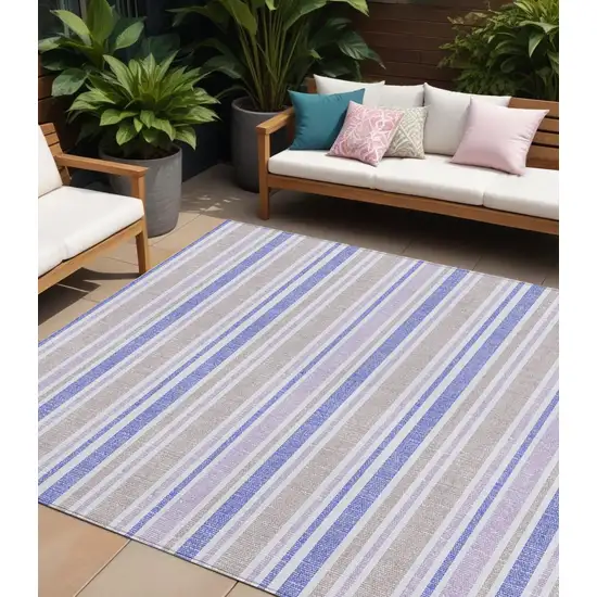 Ivory Blue and Gray Striped Washable Indoor Outdoor Area Rug Photo 1