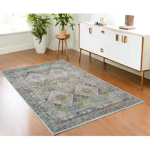 Photo of Ivory Blue and Green Floral Distressed Non Skid Area Rug