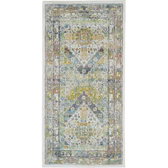 Ivory Blue and Green Floral Distressed Non Skid Area Rug Photo 2