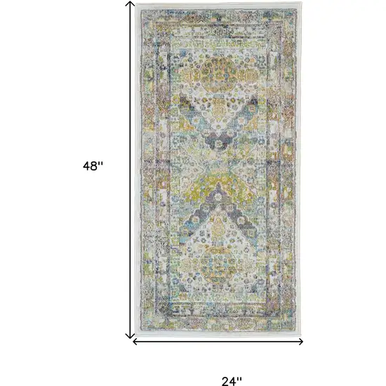 Ivory Blue and Green Floral Distressed Non Skid Area Rug Photo 3