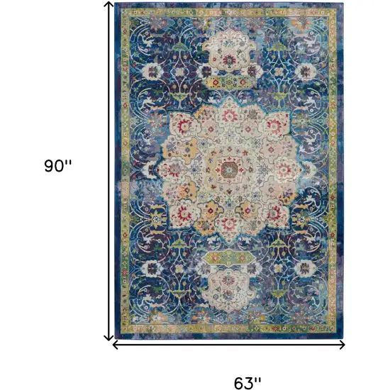 Ivory Blue and Green Floral Medallion Distressed Non Skid Area Rug Photo 3