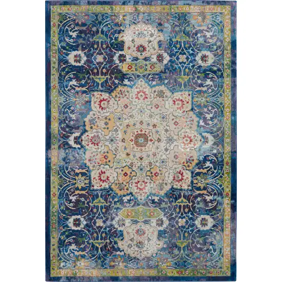 Ivory Blue and Green Floral Medallion Distressed Non Skid Area Rug Photo 2