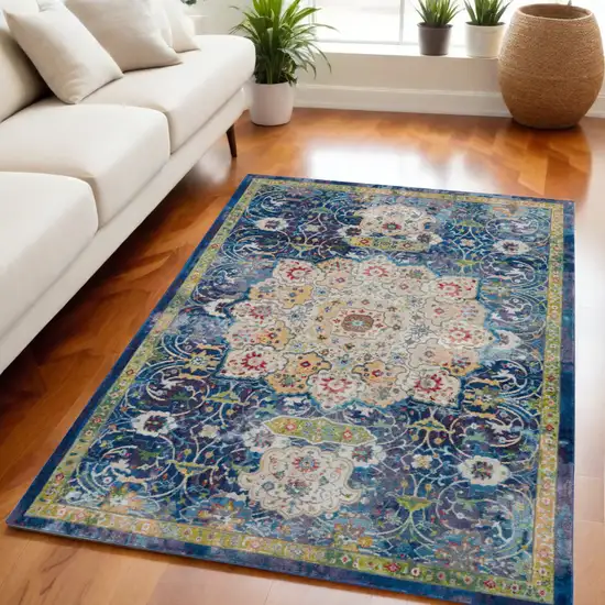 Ivory Blue and Green Floral Medallion Distressed Non Skid Area Rug Photo 1