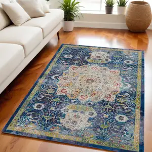 Photo of Ivory Blue and Green Floral Medallion Distressed Non Skid Area Rug