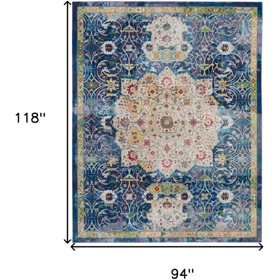 Ivory Blue and Green Floral Medallion Distressed Non Skid Area Rug Photo 3