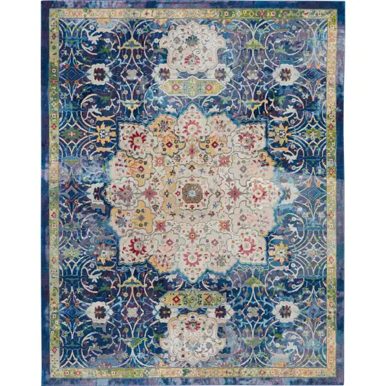 Ivory Blue and Green Floral Medallion Distressed Non Skid Area Rug Photo 2