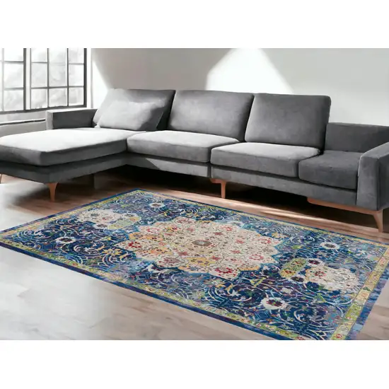 Ivory Blue and Green Floral Medallion Distressed Non Skid Area Rug Photo 1