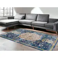 Photo of Ivory Blue and Green Floral Medallion Distressed Non Skid Area Rug