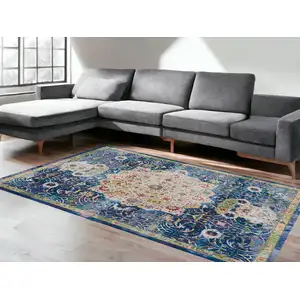 Photo of Ivory Blue and Green Floral Medallion Distressed Non Skid Area Rug