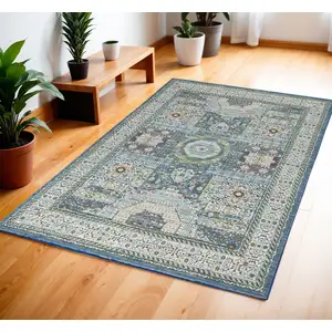 Photo of Ivory Blue and Green Oriental Distressed Non Skid Area Rug