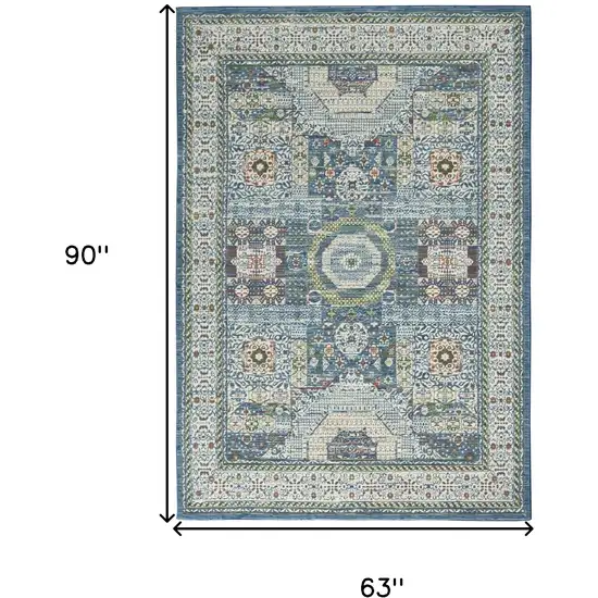 Ivory Blue and Green Oriental Distressed Non Skid Area Rug Photo 3